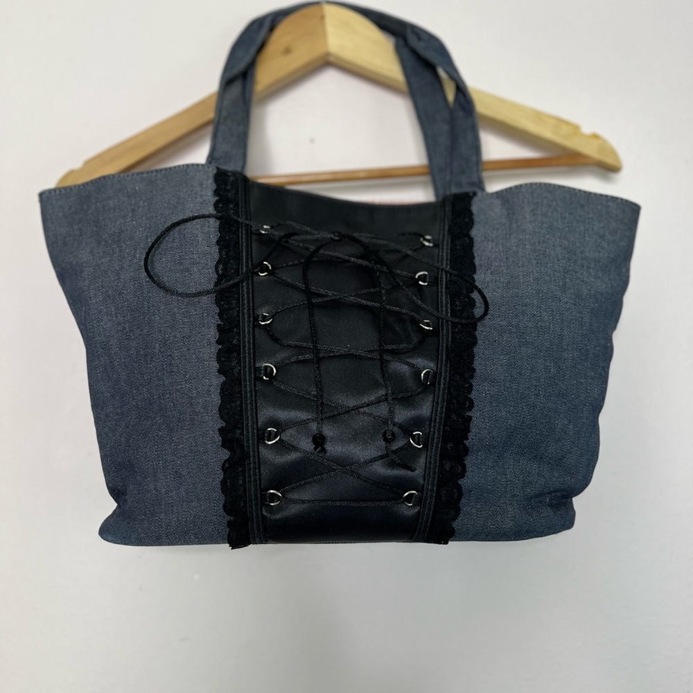 Victoria’s Secret Lace Up Corset Denim Tote Bag Pink Interior